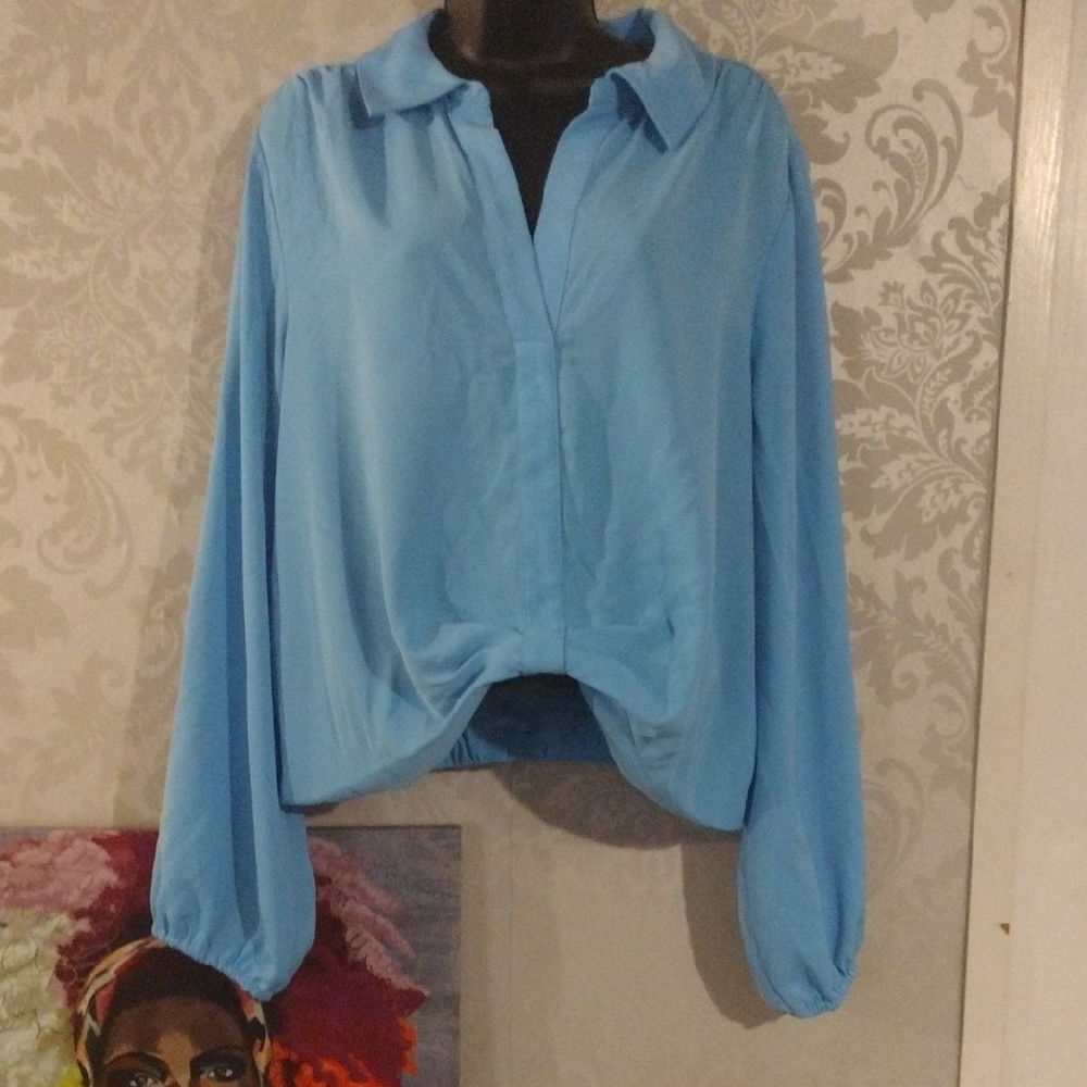 Blue Relaxed Button Down Crop Top